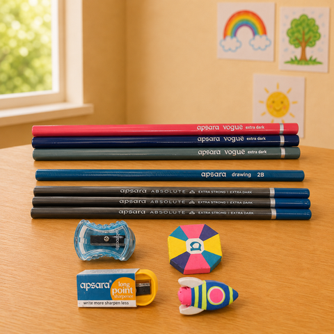 Apsara Ace Kit Premium School Stationery Set | All-in-One Writing & Colouring Kit for Kids | Pencils, Colour Pencils, Wax Crayons, Scale, Erasers & Sharpeners