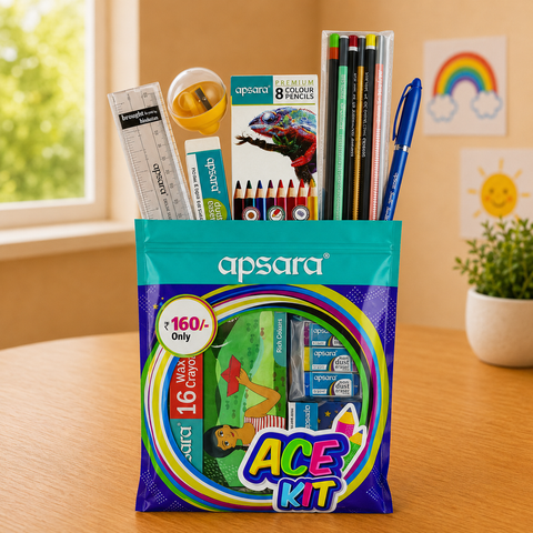 Apsara Ace Kit Premium School Stationery Set | All-in-One Writing & Colouring Kit for Kids | Pencils, Colour Pencils, Wax Crayons, Scale, Erasers & Sharpeners