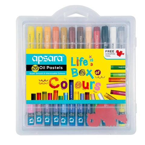 Apsara Oil Pastels 26 Shades with Free Scraping Tool | Smooth & Blendable Non-Toxic Oil Pastel Colours for Kids, Students & Artists | Plastic Storage Case
