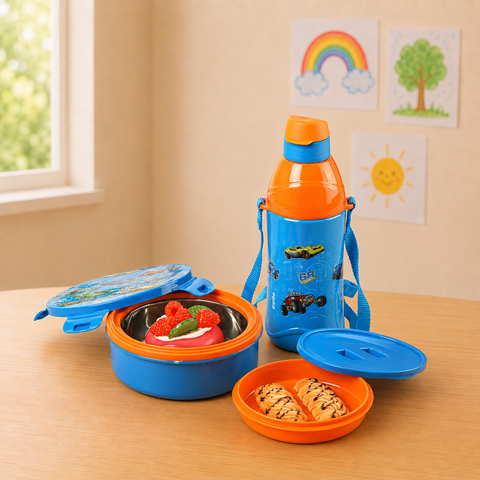 Kidzy Tiffy 2-Piece Gift Set | Kids Insulated Lunch Box & Water Bottle Combo | Leakproof Stainless Steel Tiffin with Carry Strap | School Gift Set for Boys & Girls