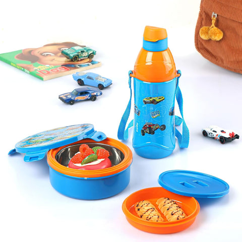 Kidzy Tiffy 2-Piece Gift Set | Kids Insulated Lunch Box & Water Bottle Combo | Leakproof Stainless Steel Tiffin with Carry Strap | School Gift Set for Boys & Girls