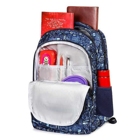 V-WORLD Tycoon School Backpack | 35L Water-Resistant Laptop & School Bag | Multi-Compartment Travel Backpack for Boys, Girls, Teens & College Students (Navy Blue Printed)