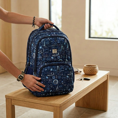 V-WORLD Tycoon School Backpack | 35L Water-Resistant Laptop & School Bag | Multi-Compartment Travel Backpack for Boys, Girls, Teens & College Students (Navy Blue Printed)