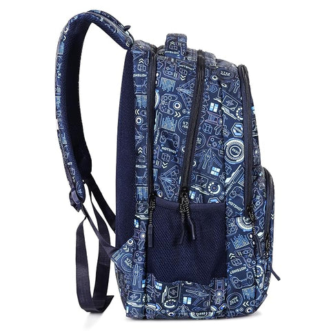 V-WORLD Tycoon School Backpack | 35L Water-Resistant Laptop & School Bag | Multi-Compartment Travel Backpack for Boys, Girls, Teens & College Students (Navy Blue Printed)