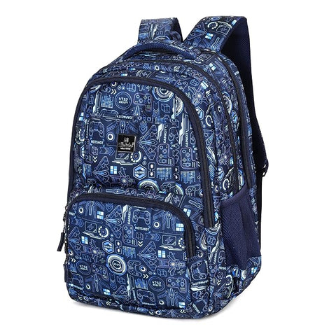 V-WORLD Tycoon School Backpack | 35L Water-Resistant Laptop & School Bag | Multi-Compartment Travel Backpack for Boys, Girls, Teens & College Students (Navy Blue Printed)