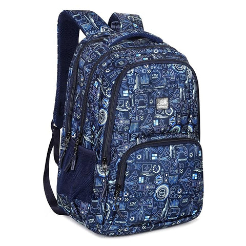 V-WORLD Tycoon School Backpack | 35L Water-Resistant Laptop & School Bag | Multi-Compartment Travel Backpack for Boys, Girls, Teens & College Students (Navy Blue Printed)