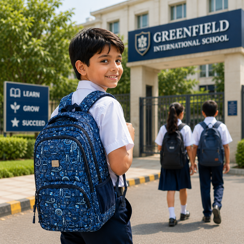 V-WORLD Tycoon School Backpack | 35L Water-Resistant Laptop & School Bag | Multi-Compartment Travel Backpack for Boys, Girls, Teens & College Students (Navy Blue Printed)