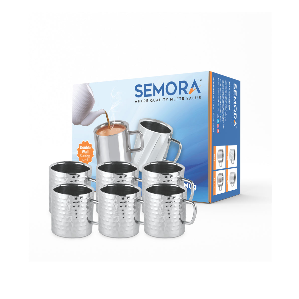 SEMORA Pearl Tea & Coffee Mug (Double Wall Stainless Steel Pack Of 6)