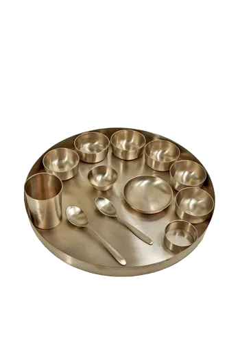 Pure Kansa Bronze Dinner Set - 13 Pcs Rajwadi Kansa Thali Set - Matte Finish Traditional Utensils for Dining - Ideal Gift for Special Occasions