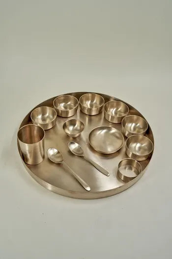 Pure Kansa Bronze Dinner Set - 13 Pcs KANSA Utensils Set - Kansyam RAJWADI THALI Set Matte Finished - Ideal Gift
