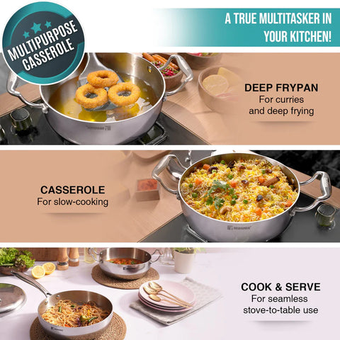 Bergner Argent Saira Saiba Triply Stainless Steel 3 Pcs Cookware Set - 22 cm (2.5 L) Multi Frypan, 22 cm (3 L) Casserole and Common Stainless Steel Lid, Cook and Serve, Less Oil Use - Induction Bottom