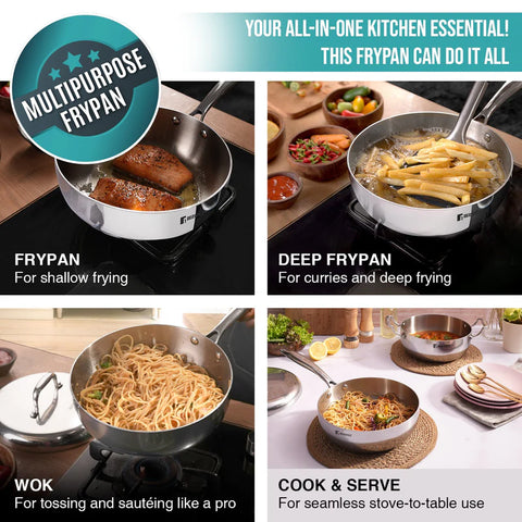 Bergner Argent Saira Saiba Triply Stainless Steel 3 Pcs Cookware Set - 22 cm (2.5 L) Multi Frypan, 22 cm (3 L) Casserole and Common Stainless Steel Lid, Cook and Serve, Less Oil Use - Induction Bottom