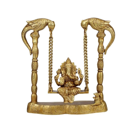 BR Golden Ganesh Jhula On Parrot Pillar Statue Swing