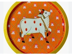 Meena Cow Plate 8 Inch FAH 5109 - Traditional Meenakari Pooja Thali