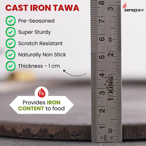 Aarogyam 10" Pre-seasoned Cast Iron Long Handle Tawa, Naturally Nonstick, Induction Friendly