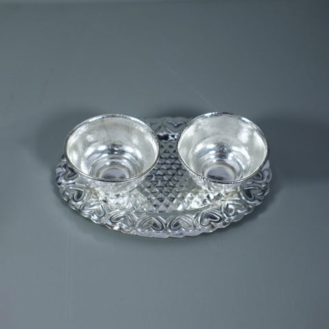 Silver Plated 2 Bowl Haldi, Kumkum Oval Plate For Pooja