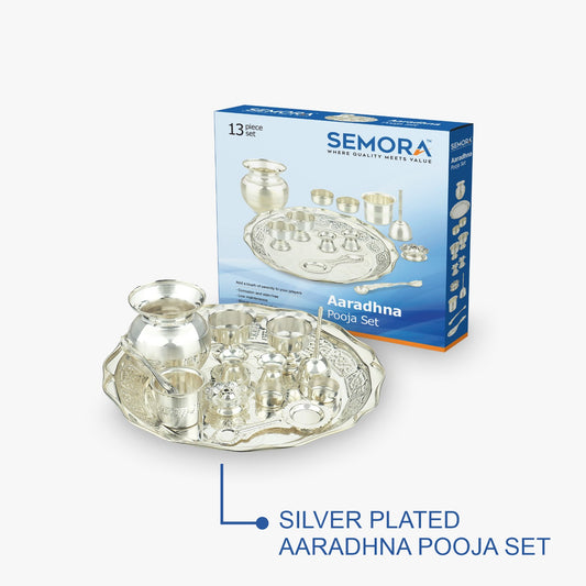 Semora Aaradhna Pooja Set 13 piece set Silver Plated  (13 Pieces, Silver)