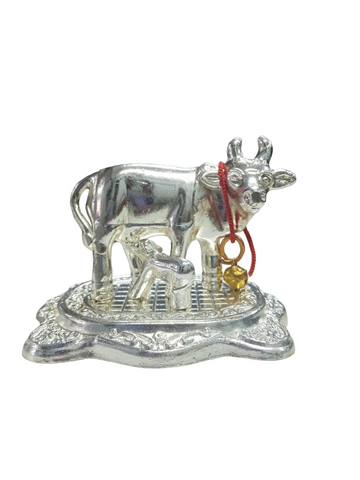 Silver Plated Kamdhenu Cow & Calf Figurine Idol for Home Decorative/Office/Gifting/Pooja Metal Showpiece Statue for Return gift