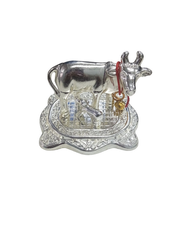 Silver Plated Kamdhenu Cow & Calf Figurine Idol for Home Decorative/Office/Gifting/Pooja Metal Showpiece Statue for Return gift