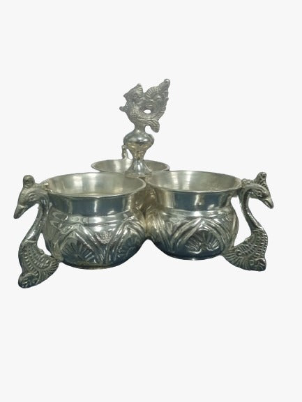 Silver Plated Haldi Kumkum Bharani Box With Peacock Holder/Punchwala 3 Cup For Puja And Gift Purpose, Round