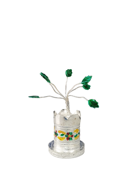 Round Metal Silver Plated Tulsi Artificial Plant- Holy Basil- Best Option For Return Gift- Tradition