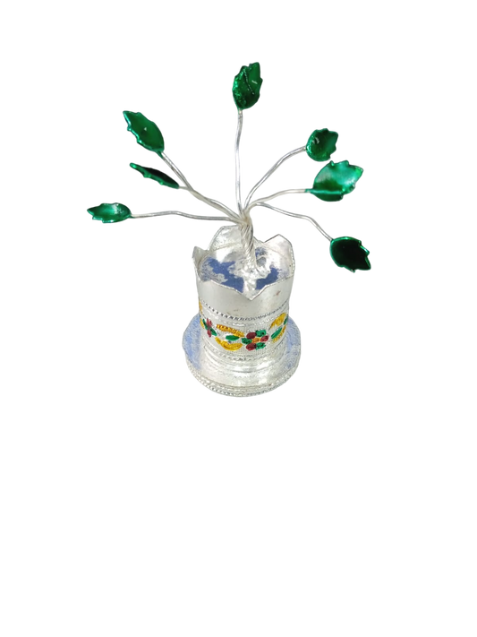 Round Metal Silver Plated Tulsi Artificial Plant- Holy Basil- Best Option For Return Gift- Tradition