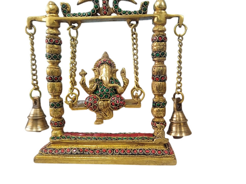 Brass Ganesha On A Swing Statue | Jhula Ganesh Murti | Multicolour Stone Work Staue | Ganpati Murti for Temple | Home Decor Item