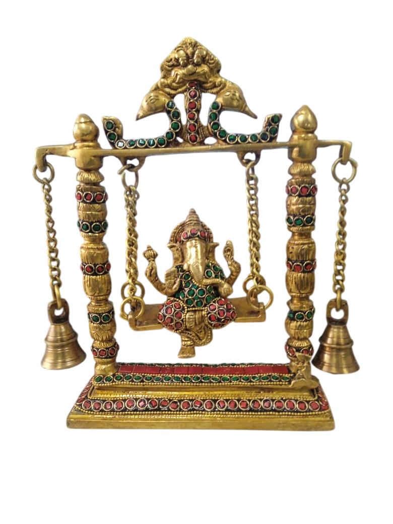 Brass Ganesha On A Swing Statue | Jhula Ganesh Murti | Multicolour Stone Work Staue | Ganpati Murti for Temple | Home Decor Item