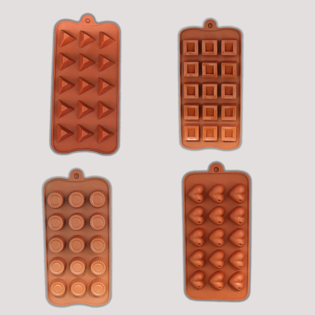 Semora Set of 4 Chocolate Silicon Moulds - Flower Shape, Pyramid Diamond, Round & 3D Square Shape