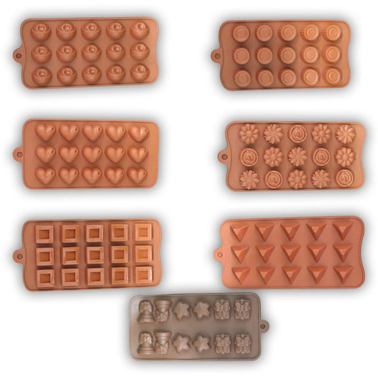 Semora Set of 7 Chocolate Silicon Moulds - Flower, Eyes, Gift, Pyramid Diamond, Round Heart & 3D Square Shape