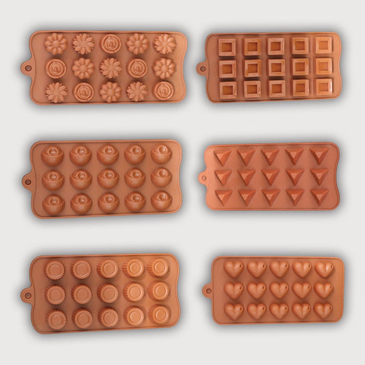 Semora Set of 6 Chocolate Silicon Moulds - Flower, Eyes, Pyramid Diamond, Round Heart & 3D Square Shape