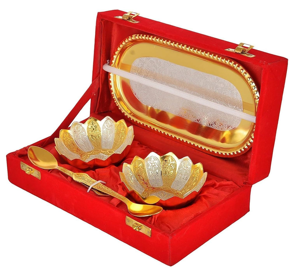 Silver & Gold Plated on Brass Designer Dry-Fruit 2 Bowl Serving Set with Velvet Box | Brass German Golden-Silver PlatingBowl Gift Set with Red Velvet Gift Box (Gold Silver)