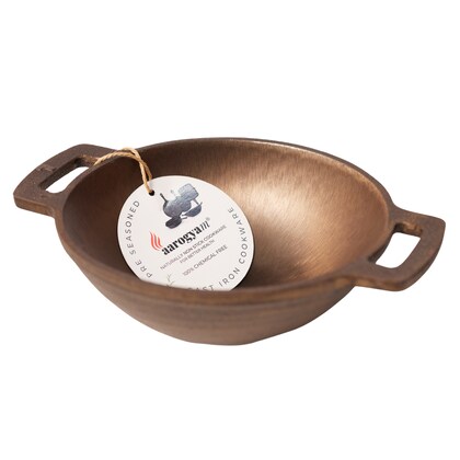 Aarogyam Cast Iron Round Kadai, 7 Inch Diameter, Cast Iron, Pre Seasoned, Loha Kadai, Oven Safe