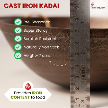 Aarogyam Cast Iron Round Kadai, 7 Inch Diameter, Cast Iron, Pre Seasoned, Loha Kadai, Oven Safe