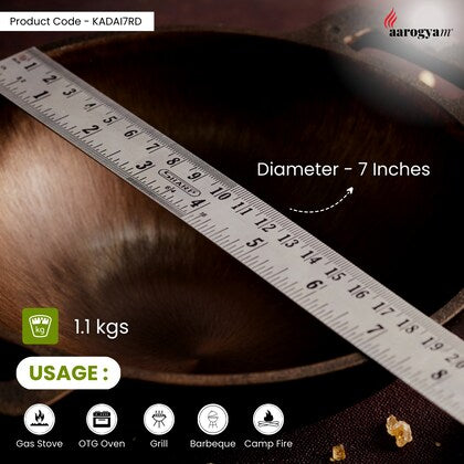 Aarogyam Cast Iron Round Kadai, 7 Inch Diameter, Cast Iron, Pre Seasoned, Loha Kadai, Oven Safe