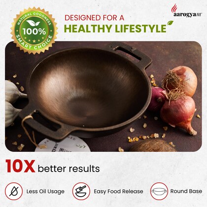 Aarogyam Cast Iron Round Kadai, 7 Inch Diameter, Cast Iron, Pre Seasoned, Loha Kadai, Oven Safe
