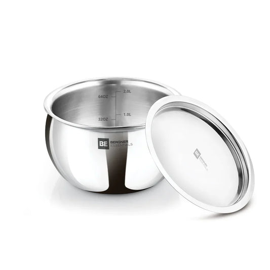 Bergner Essentials Tri-Ply Stainless Steel Rice Handi with Lid, Small, Even Heat Distribution, Induction & Gas Ready, Handle Free – 16cm (2 Litres) (BGIN-6243)