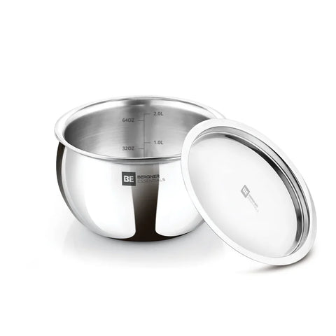 Bergner Essentials Tri-Ply Stainless Steel Rice Handi with Lid, Small, Even Heat Distribution, Induction & Gas Ready, Handle Free – 16cm (2 Litres) (BGIN-6243)