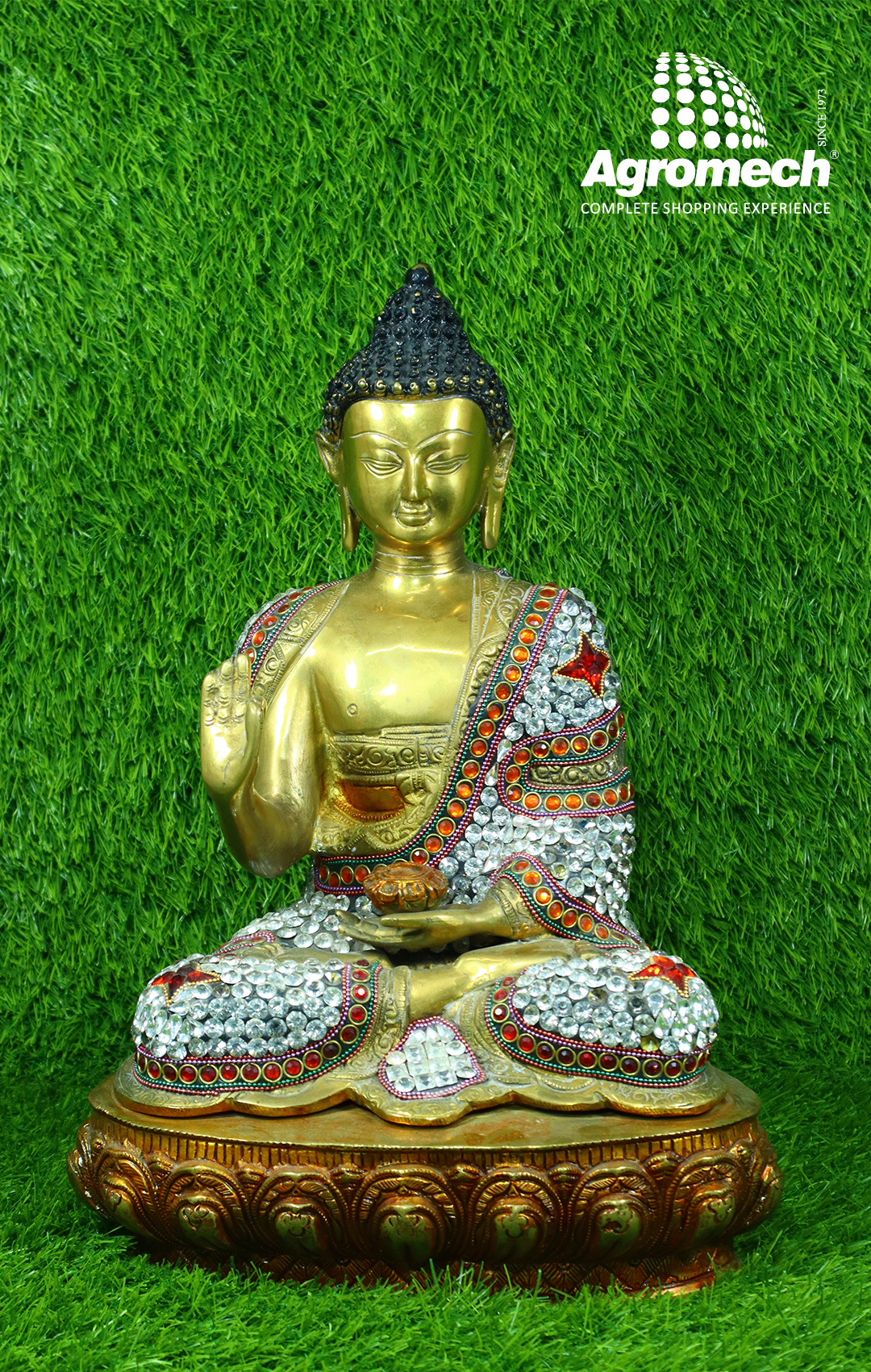 BHUDDHA WITH STONE IDOL BRASS (30 x 20x 40 cm)