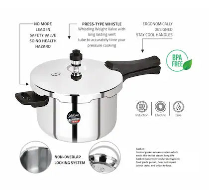 CDM SOLITAIRE Elantra Straight 5 LTR. Try-Ply 18/10 Stainless Steel Outer Lid, Induction and Gas Base 5 L Outer Lid Pressure Cooker (5 Liter Triply)