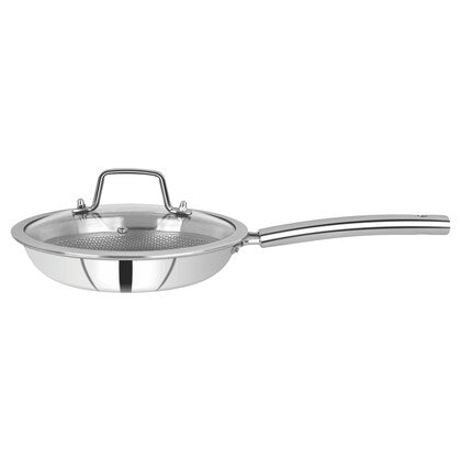 CDM SOLITAIRE Prizm Honey Comb Try Ply Non Stick Coated Frying Pan with Glass Lid 1350 ML , 22 cm Diameter, Tri-Ply Steel with Riveted Handle, Gas & Induction Compatible, Silver