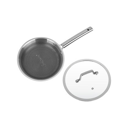 CDM SOLITAIRE Prizm Honey Comb Try Ply Non Stick Coated Frying Pan with Glass Lid 1350 ML , 22 cm Diameter, Tri-Ply Steel with Riveted Handle, Gas & Induction Compatible, Silver