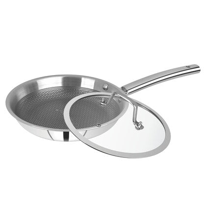 CDM SOLITAIRE Prizm Honey Comb Try Ply Non Stick Coated Frying Pan with Glass Lid 1350 ML , 22 cm Diameter, Tri-Ply Steel with Riveted Handle, Gas & Induction Compatible, Silver
