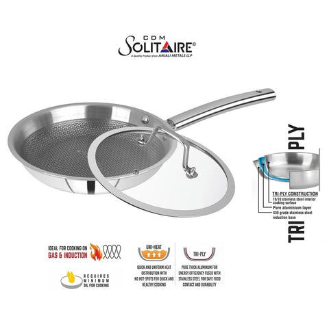 CDM SOLITAIRE Prizm Honey Comb Try Ply Non Stick Coated Frying Pan with Glass Lid 1350 ML , 22 cm Diameter, Tri-Ply Steel with Riveted Handle, Gas & Induction Compatible, Silver
