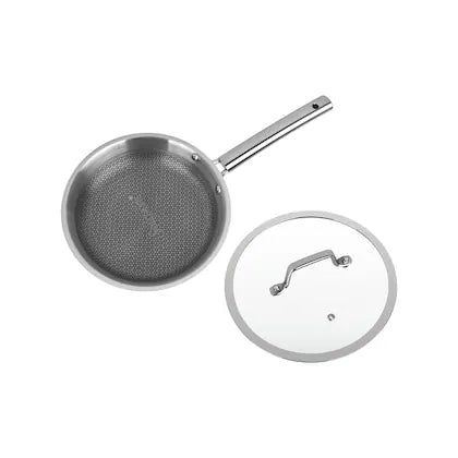 CDM SOLITAIRE Prizm Honey Comb Try Ply Non Stick Coated Frying Pan with Glass Lid 1600 ML , 24 cm Diameter, Tri-Ply Steel with Riveted Handle, Gas & Induction Compatible, Silver