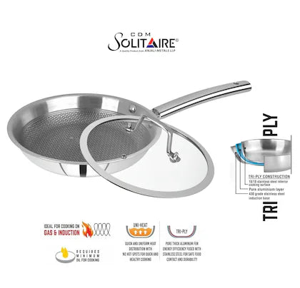 CDM SOLITAIRE Prizm Honey Comb Try Ply Non Stick Coated Frying Pan with Glass Lid 1600 ML , 24 cm Diameter, Tri-Ply Steel with Riveted Handle, Gas & Induction Compatible, Silver