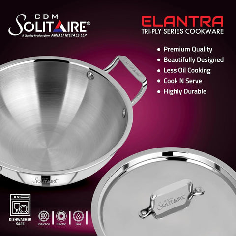 CDM SOLITAIRE Elantra Triply Series Cookware Casserole with Glass Lid, Cook and Serve Casserole (34 CM)