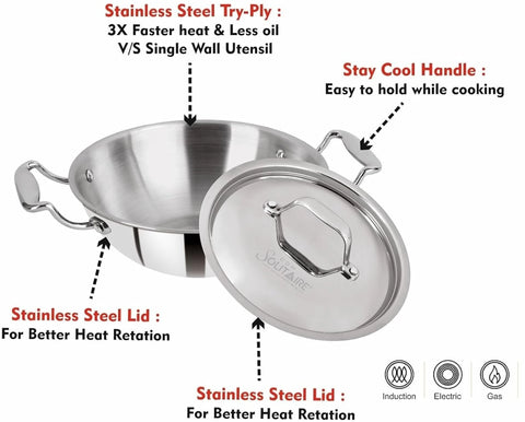 CDM SOLITAIRE Elantra Triply Series Cookware Casserole with Glass Lid, Cook and Serve Casserole (34 CM)