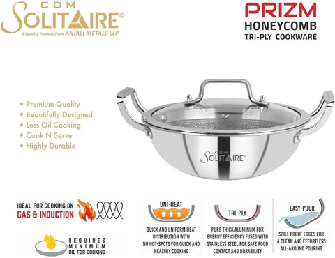 Prizm Hybrid Triply Non-Stick Kadai with Glass Lid, Stainless Steel Kadai for Cooking, Triply Kadhai Metal Spatula Friendly, Induction & Gas Stove Compatible,