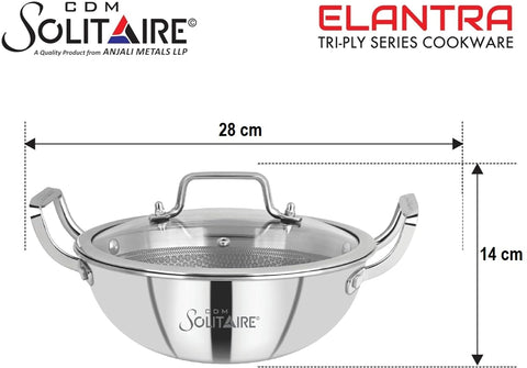 Prizm Hybrid Triply Non-Stick Kadai with Glass Lid, Stainless Steel Kadai for Cooking, Triply Kadhai Metal Spatula Friendly, Induction & Gas Stove Compatible,